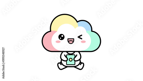 Kawaii pastel cloud character vector, cute winking cloud mascot holding a mobile phone, colorful rainbow cloud illustration for kids app