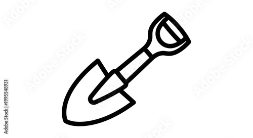 Minimalist black and white garden trowel vector illustration, hand drawn gardening tool and planting equipment line art isolated on white.