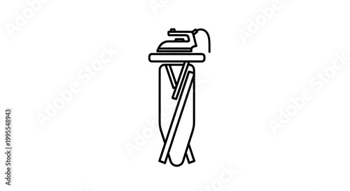 Minimalist black and white ironing board vector illustration, modern laundry equipment and garment care line art isolated on white.
