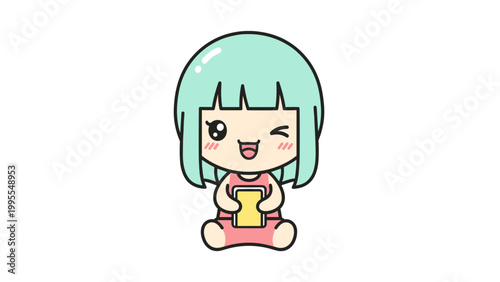 Kawaii anime girl vector illustration, cute chibi character with mint green hair holding a smartphone, happy winking cartoon girl mascot