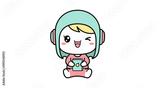Kawaii chibi girl vector character wearing headphones, cute anime girl listening to music on smartphone, happy cartoon mascot in pastel colors