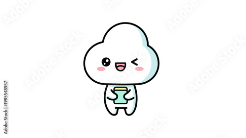Kawaii cloud character holding a smartphone, cute winking weather mascot vector, happy white cloud emoji with mobile phone and pink cheeks