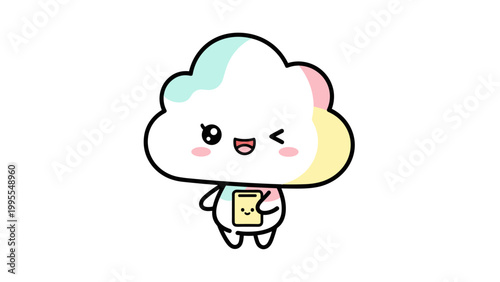 Kawaii cloud character vector, cute pastel mascot with winking face holding a notebook, happy rainbow cloud illustration for kids stationery