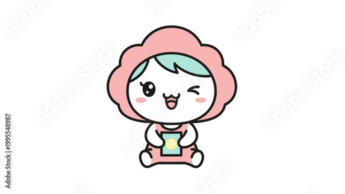 Kawaii chibi character vector, cute winking girl in pink flower costume, adorable mascot illustration with pastel colors for kids branding