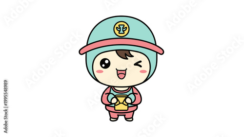 Kawaii delivery boy character vector, cute courier mascot in teal and pink uniform, happy cartoon worker holding a parcel for shipping and logistics