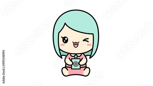 Kawaii chibi girl character with mint hair, cute winking anime girl illustration, pastel pink outfit vector mascot for stickers and social media
