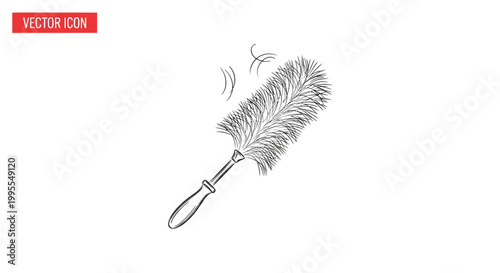 Minimalist black and white vector illustration of a feather duster, hand drawn cleaning tool and household dusting equipment line art.