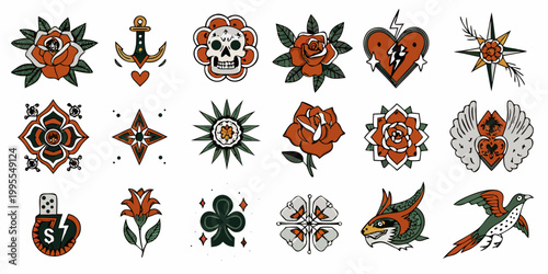 Collection of traditional american tattoo flash designs on white background