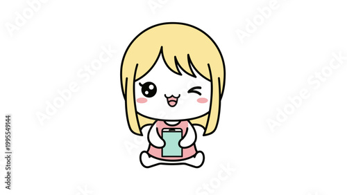 Kawaii chibi girl vector illustration, cute blonde anime character winking and holding a smartphone, adorable cartoon mascot for social media apps