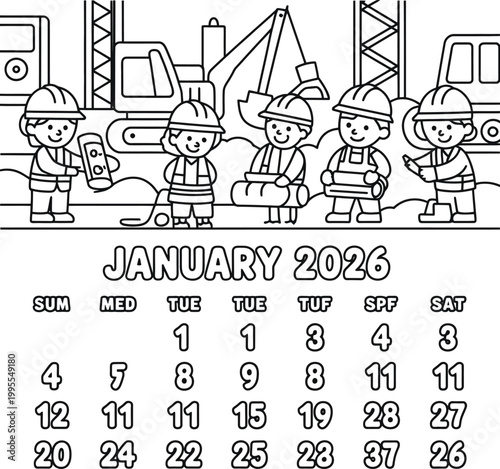 January 2026 construction site calendar coloring page for kids