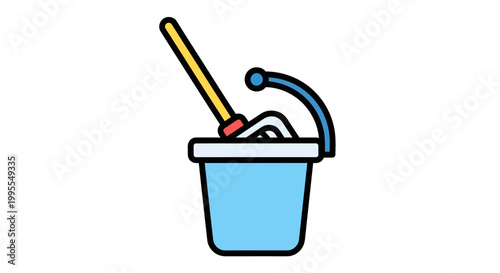 Vektor ikon set ember air dan alat pel lantai desain hitam putih sederhana, simbol kebersihan rumah tangga dengan gaya linier.