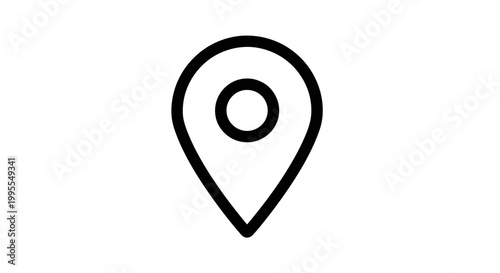 Minimalist black and white destination pin icon vector, location pointer symbol for map and navigation design, isolated on white background.