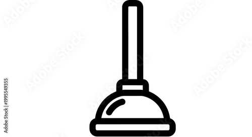 Black and white vector illustration of a classic rubber plunger with a wooden handle, isolated on a white background. Simple minimalist plunger icon for plumbing and household maintenance.