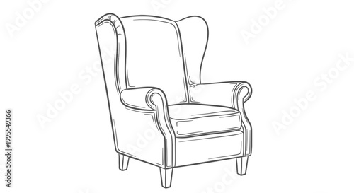 Minimalist black and white vector illustration of a classic wingback armchair, elegant furniture line art isolated on a white background.