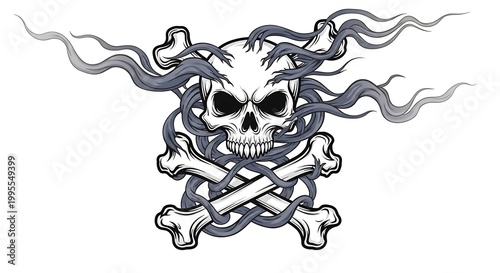 A pirate skull with crossed bones and smoke emanates danger.