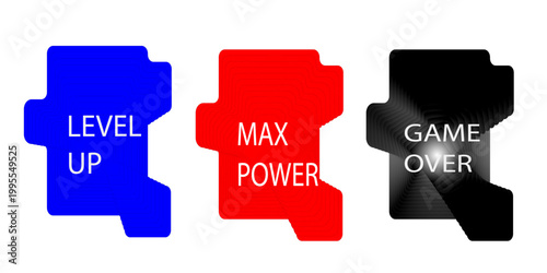 Abstract 3D gaming concept with Level Up, Max Power, and Game Over text.