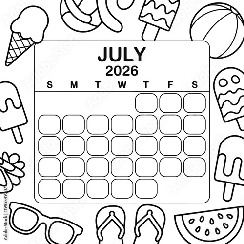 July 2026 calendar page with summer themed coloring book outlines