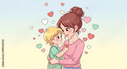 A woman tenderly hugs a young boy surrounded by floating hearts.