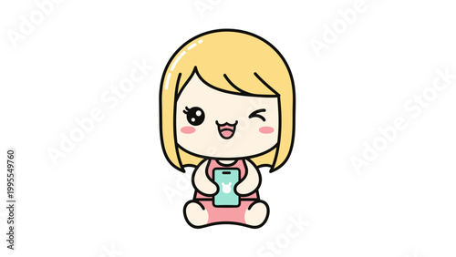 Kawaii blonde girl character holding smartphone, cute chibi female avatar with winking face, happy cartoon girl using mobile phone vector illustration