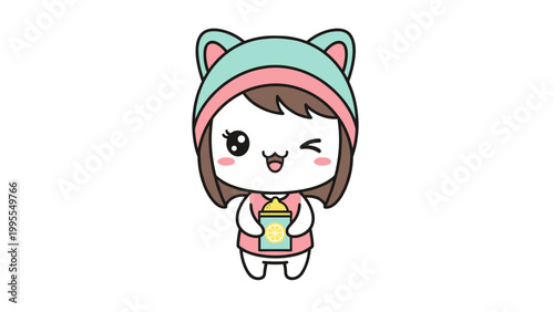 Kawaii anime girl vector illustration, cute chibi character wearing cat ear hat, winking cartoon girl holding a juice box, pastel aesthetic mascot