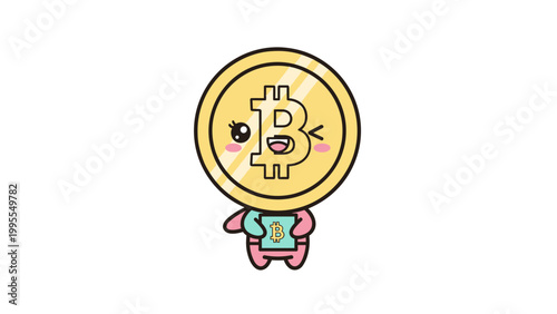 Kawaii bitcoin mascot character, cute golden crypto coin cartoon with winking face, friendly digital currency vector illustration for finance
