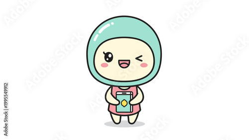 Kawaii astronaut girl character vector, cute space explorer mascot holding a book, adorable chibi astronaut winking in mint green and pink colors