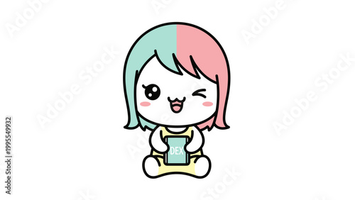Kawaii anime girl vector illustration, cute chibi character with pink and mint hair, winking cartoon girl holding a tablet, pastel colored mascot