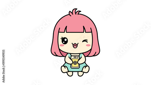 Kawaii chibi girl character with pink hair holding a smartphone, cute anime mascot winking and smiling, adorable cartoon female vector illustration