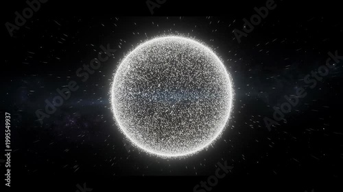 Glowing futuristic sphere composed of bright particles in outer space with dynamic starry background