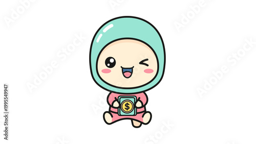 Kawaii astronaut character holding money coin, cute space traveler mascot in pink suit, happy chibi astronaut winking for financial and crypto apps