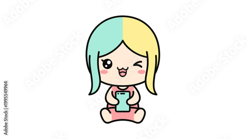 Kawaii chibi girl character vector, cute anime girl holding smartphone, winking cartoon mascot with pastel hair, happy female avatar illustration