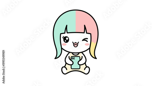 Kawaii anime girl vector illustration, cute chibi character with pastel hair holding smartphone, winking cartoon girl mascot for social media