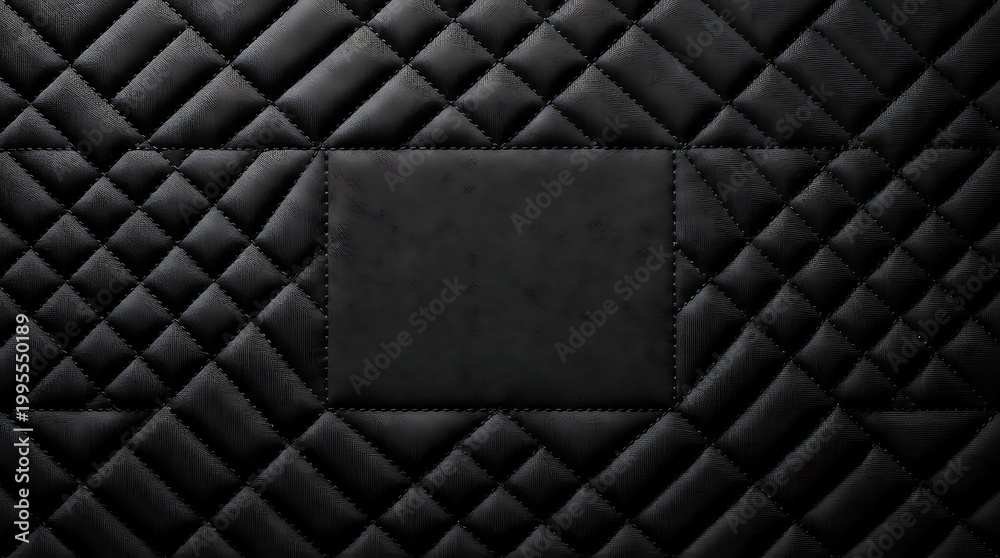 Fototapeta premium Premium black diamond quilted fabric texture background with blank central rectangular label space for mockup