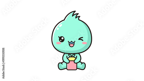 Kawaii business woman vector character, cute chibi girl in pink suit holding IOT tablet, professional female mascot with mint hair and winking expression