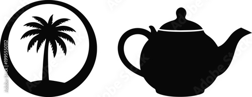 Black and white silhouette of a tropical island and a traditional coffee pot design