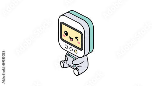 Kawaii business woman vector character, cute chibi girl in pink suit holding IOT tablet, professional female mascot with mint hair and winking expression
