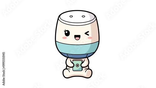 Kawaii business woman vector character, cute chibi girl in pink suit holding IOT tablet, professional female mascot with mint hair and winking expression