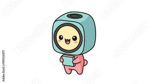 Kawaii business woman vector character, cute chibi girl in pink suit holding IOT tablet, professional female mascot with mint hair and winking expression