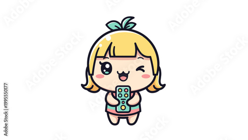 Kawaii business woman vector character, cute chibi girl in pink suit holding IOT tablet, professional female mascot with mint hair and winking expression