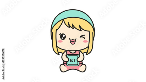 Kawaii business woman vector character, cute chibi girl in pink suit holding IOT tablet, professional female mascot with mint hair and winking expression