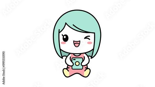 Kawaii business woman vector character, cute chibi girl in pink suit holding IOT tablet, professional female mascot with mint hair and winking expression