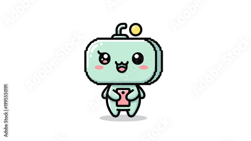 Kawaii business woman vector character, cute chibi girl in pink suit holding IOT tablet, professional female mascot with mint hair and winking expression