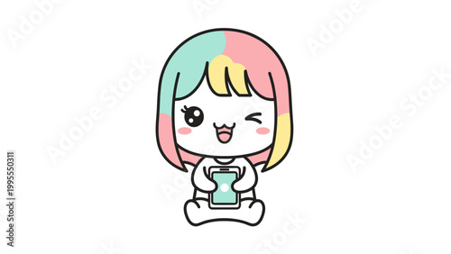 Kawaii business woman vector character, cute chibi girl in pink suit holding IOT tablet, professional female mascot with mint hair and winking expression