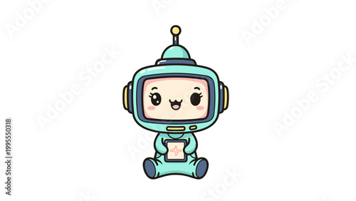 Kawaii business woman vector character, cute chibi girl in pink suit holding IOT tablet, professional female mascot with mint hair and winking expression