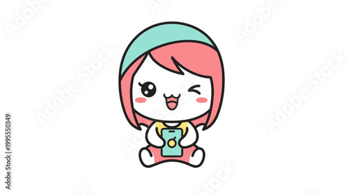 Kawaii business woman vector character, cute chibi girl in pink suit holding IOT tablet, professional female mascot with mint hair and winking expression