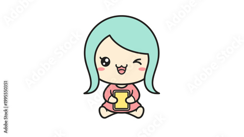 Kawaii business woman vector character, cute chibi girl in pink suit holding IOT tablet, professional female mascot with mint hair and winking expression