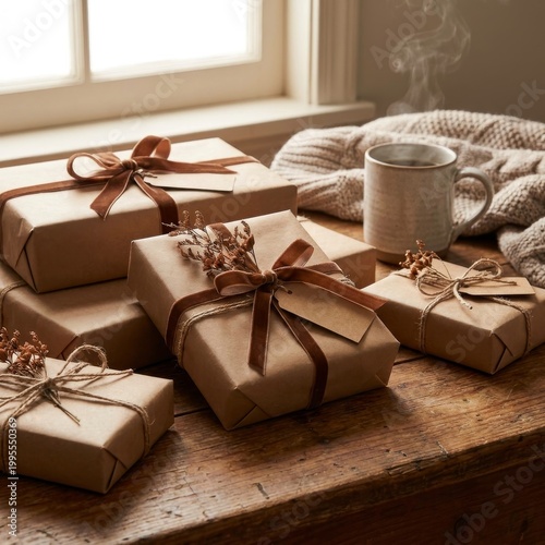 Ein Holztisch mit mehreren verpackten Geschenken