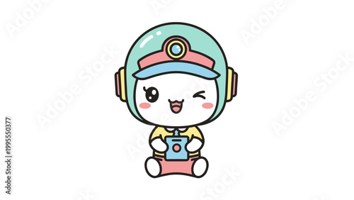 Kawaii business woman vector character, cute chibi girl in pink suit holding IOT tablet, professional female mascot with mint hair and winking expression