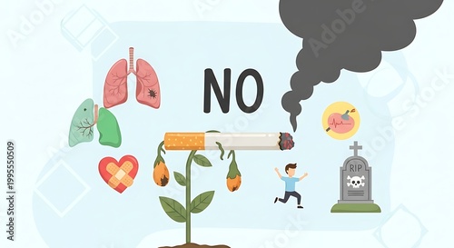 A person runs away from a smoking cigarette with a polluted environment and damaged health symbols nearby.