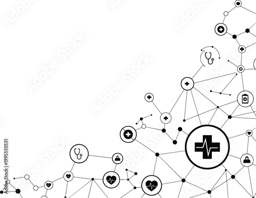 Minimalist medical network background with digital health icons, stethoscope,